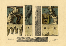 39827 Afbeelding van drie gebeeldhouwde gotische balksleutels met de voorstelling van dieren die de wapenschilden van ...